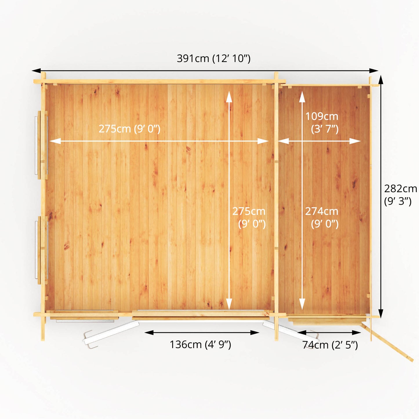 The 4.1m x 3m Wren Pent Log Cabin with Side Shed and White UPVC