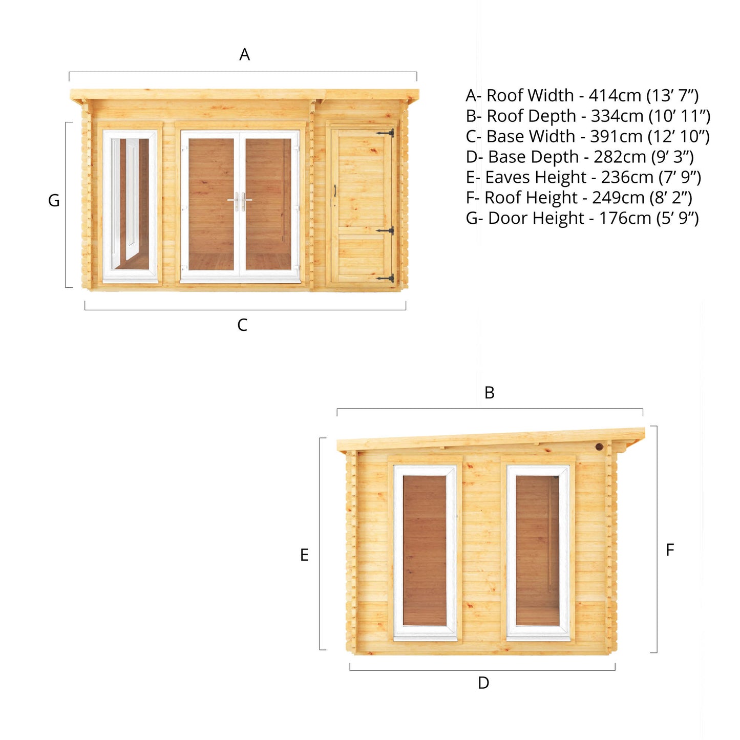 The 4.1m x 3m Wren Pent Log Cabin with Side Shed and White UPVC