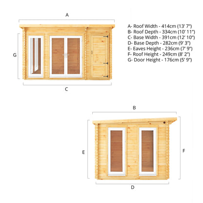 The 4.1m x 3m Wren Pent Log Cabin with Side Shed and White UPVC