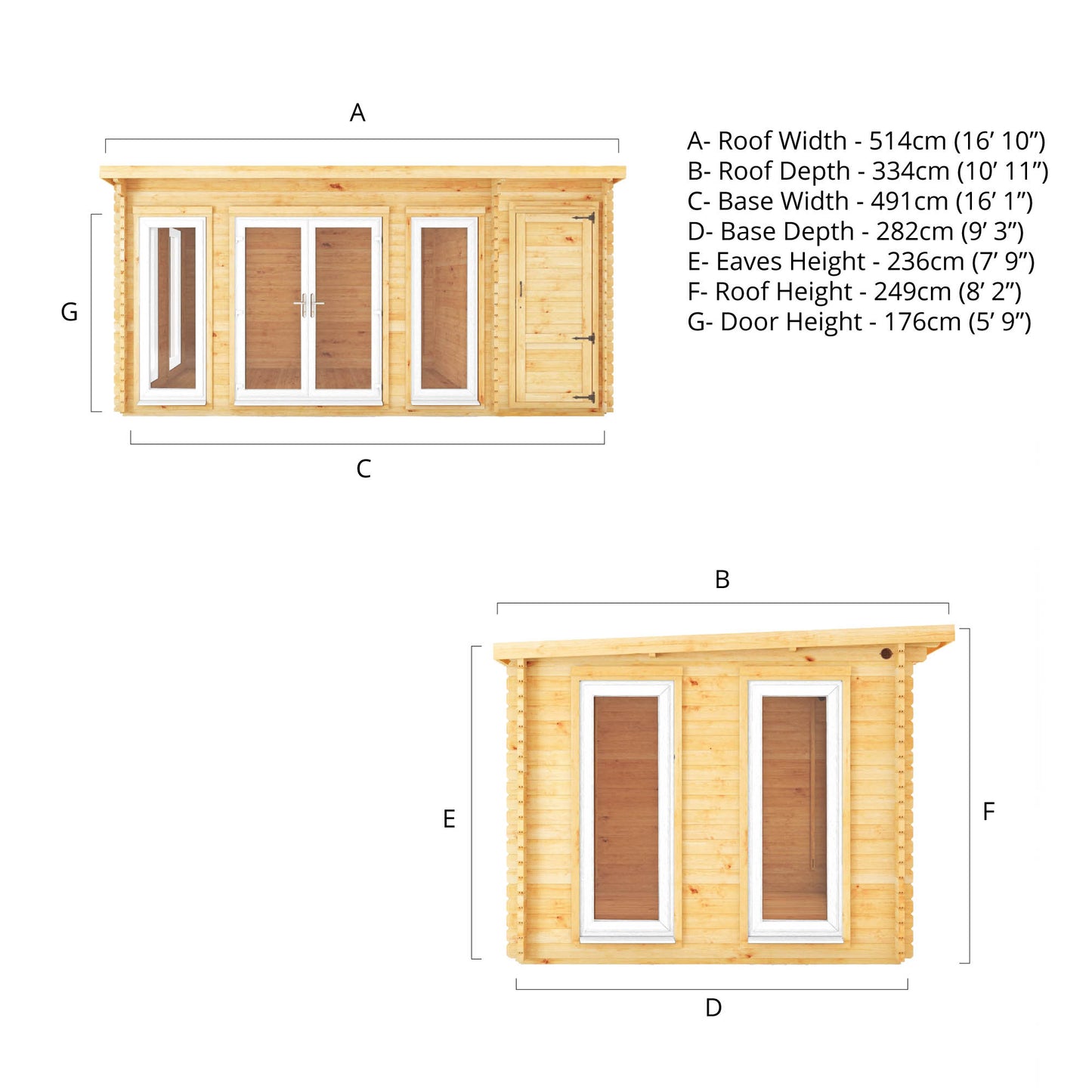 The 5.1m x 3m Wren Log Cabin with Side Shed and White UPVC