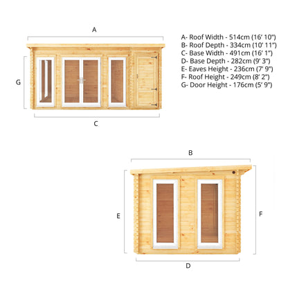 The 5.1m x 3m Wren Log Cabin with Side Shed and White UPVC