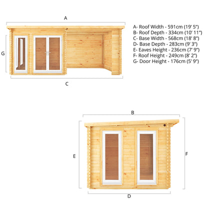 The 6 x 3m Wren Log Cabin with Patio Area and White UPVC