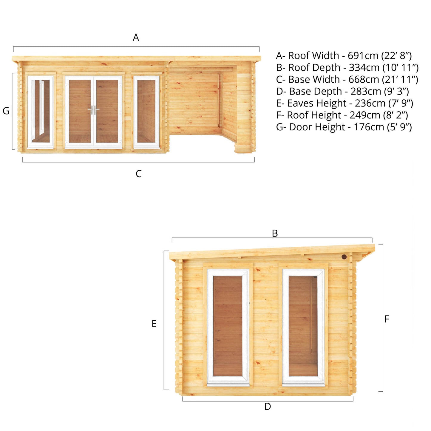 The 7m x 3m Wren Log Cabin with Patio Area and White UPVC