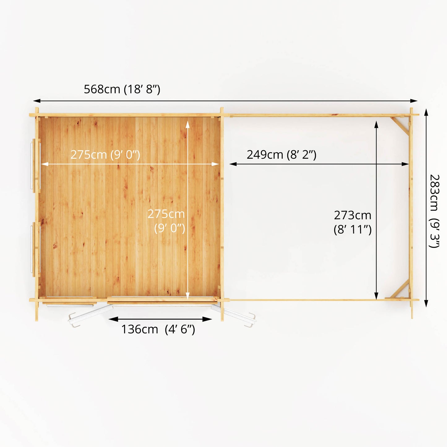 The 6m x 3m Wren Log Cabin with Slatted Area and White UPVC