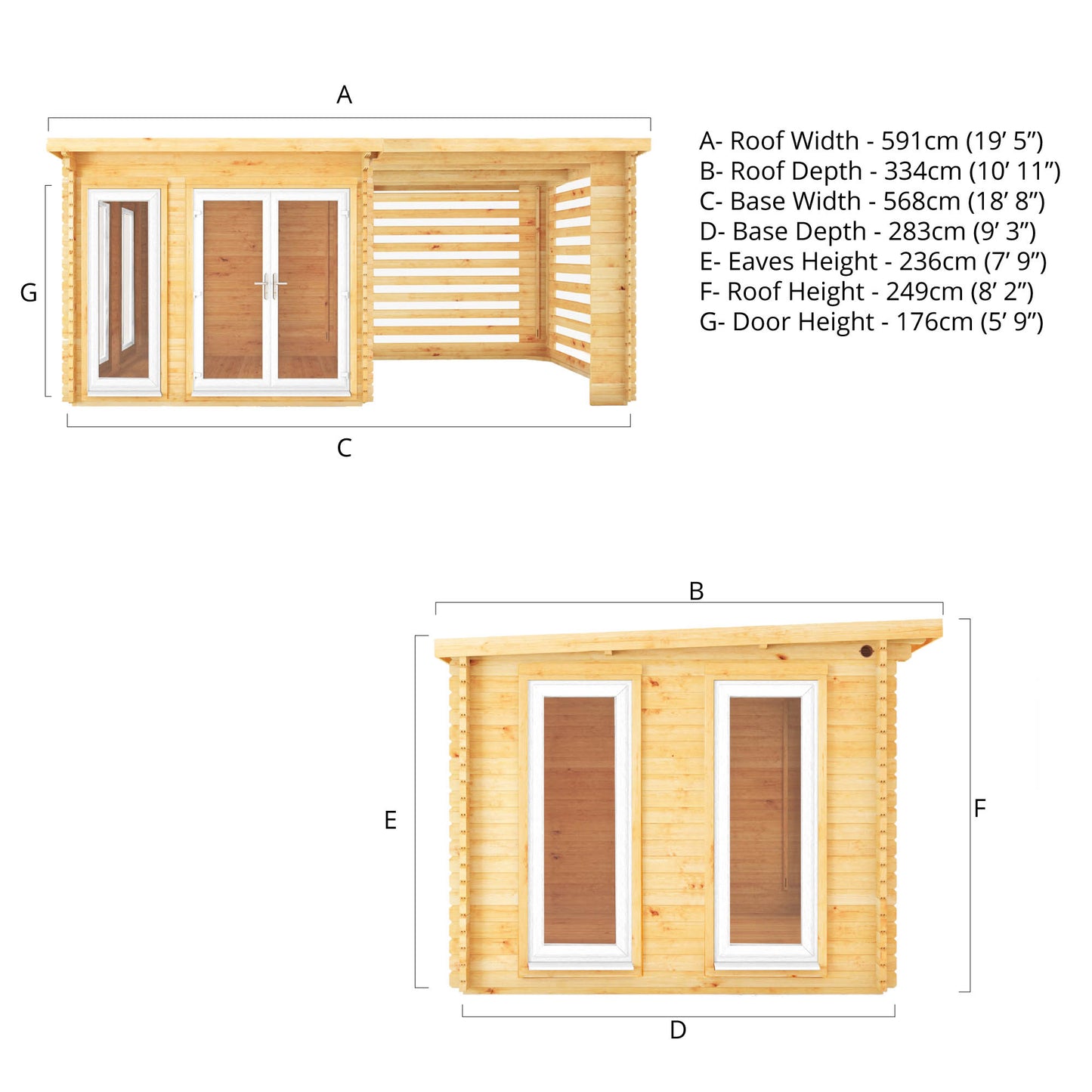 The 6m x 3m Wren Log Cabin with Slatted Area and White UPVC