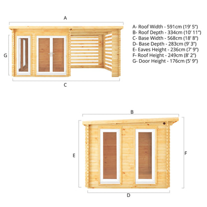 The 6m x 3m Wren Log Cabin with Slatted Area and White UPVC