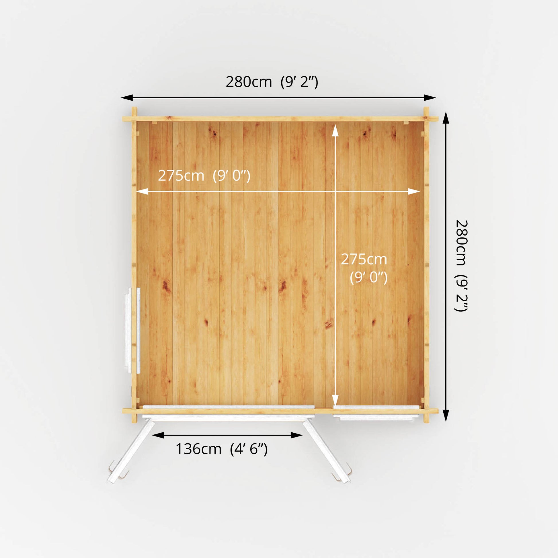 Dimensions of a 3m by 3m log cabin from above