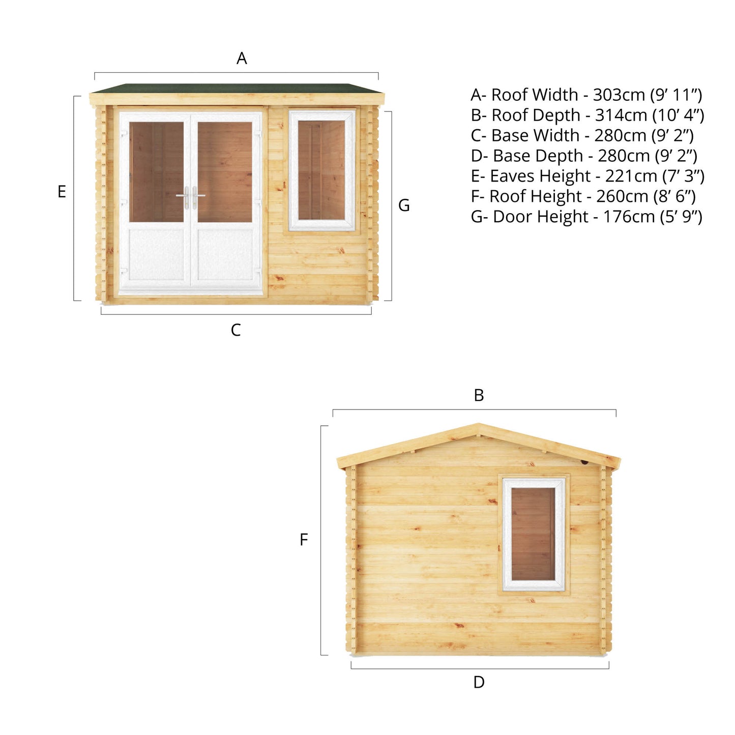 Dimensions of a 3m by 3m log cabin from the side and front