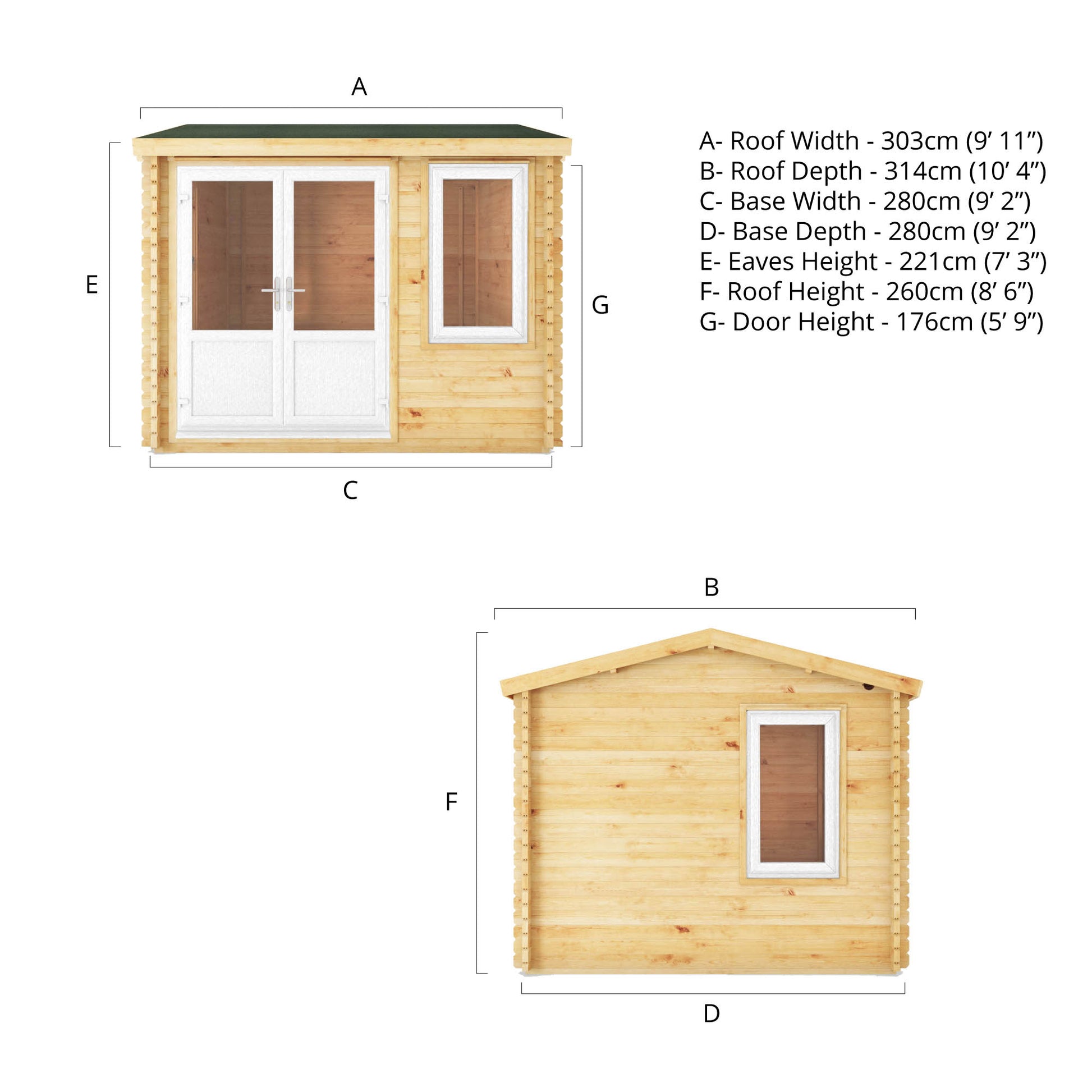 Dimensions of a 3m by 3m log cabin from the side and front
