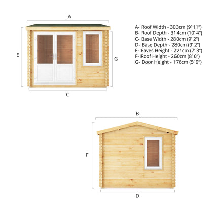 Dimensions of a 3m by 3m log cabin from the side and front