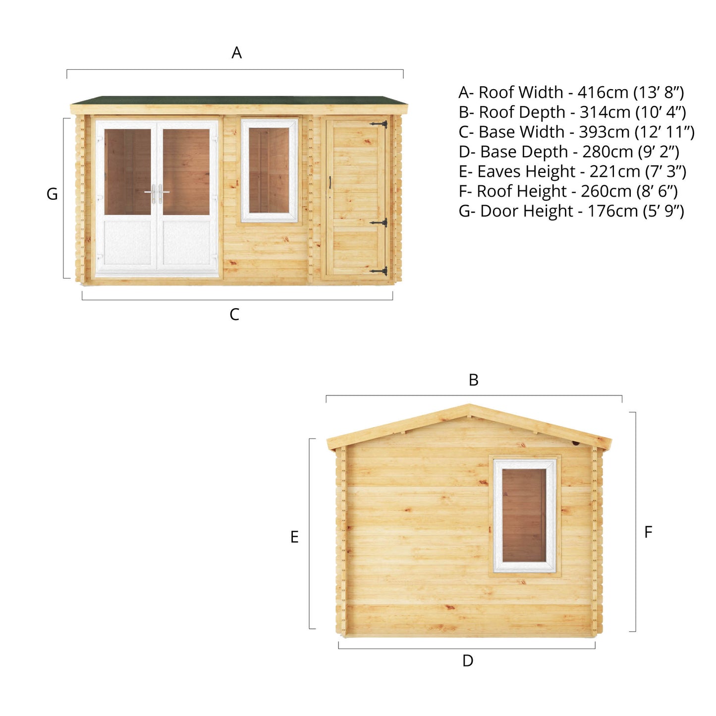 The 4.1m x 3m Robin Log Cabin with Side Shed and White UPVC