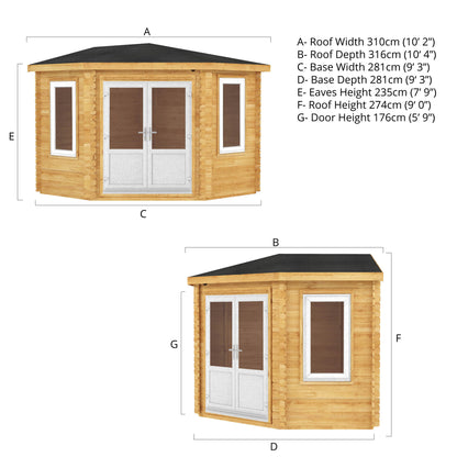 The 3m x 3m Goldcrest Corner Log Cabin with White UPVC