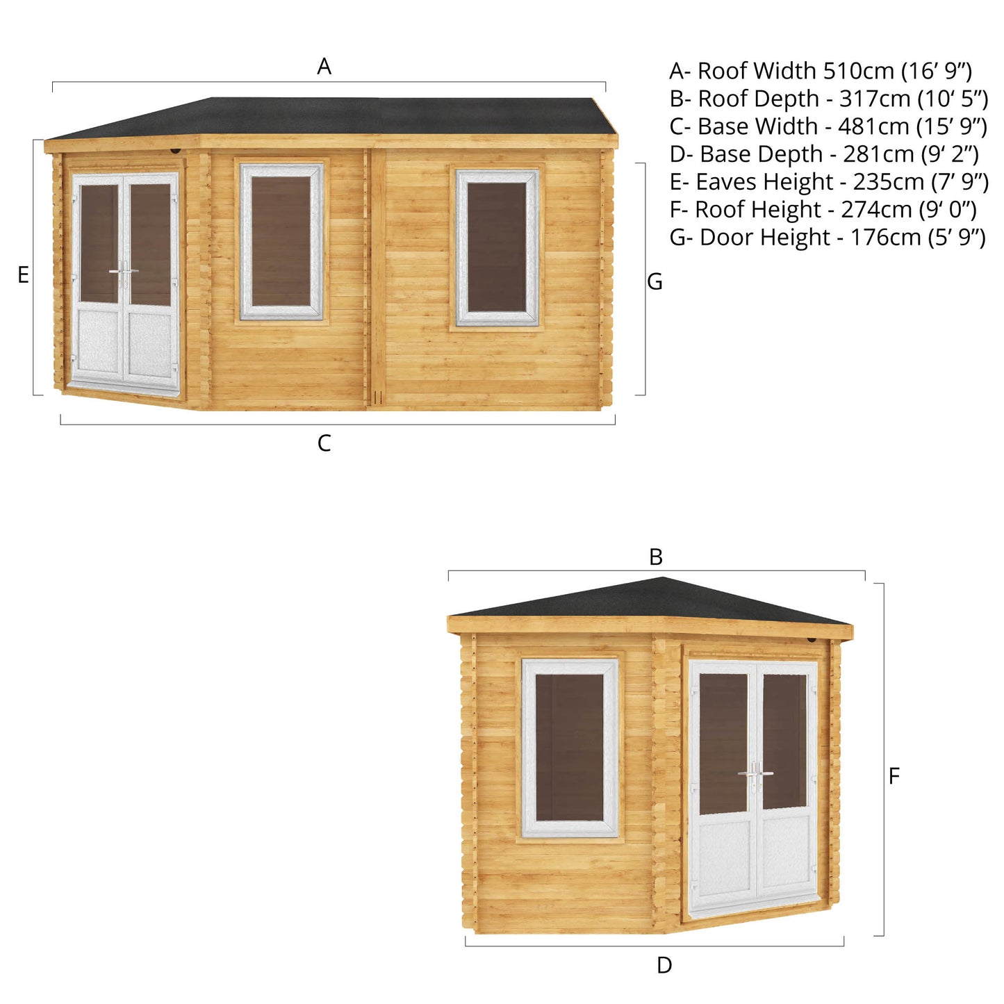 The Goldcrest 5m x 3m Log Cabin with White UPVC