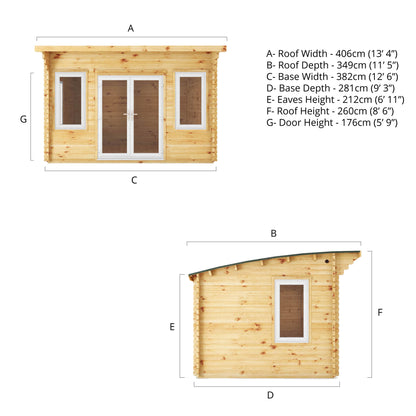 The 4m x 3m Tawny Curved Roof Log Cabin with White UPVC