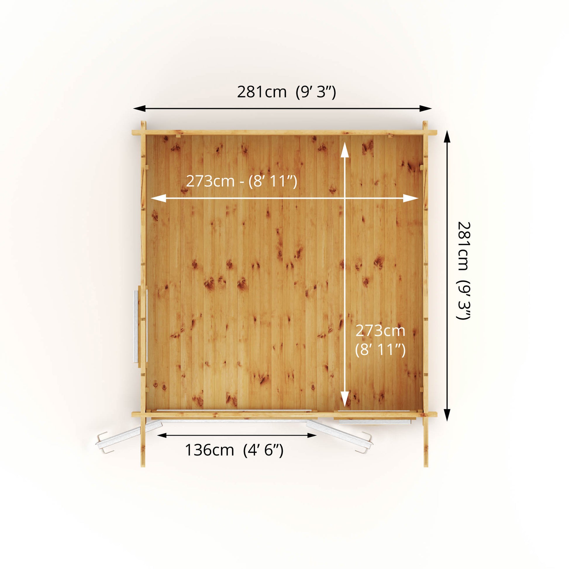 Dimensions from above of a 3m x 3m log cabin