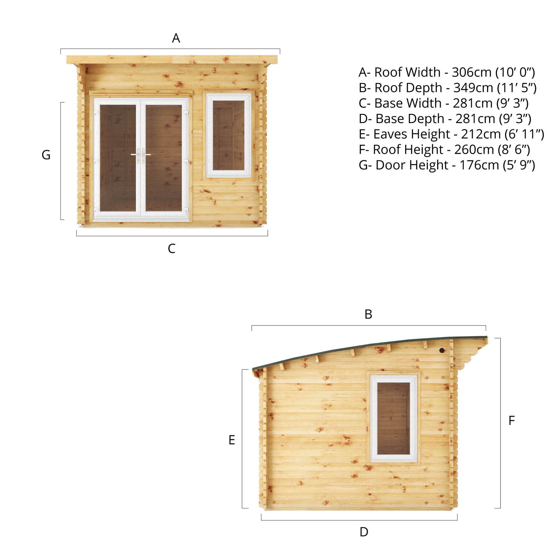Dimensions from the side and front of a 3m by 3m log cabin