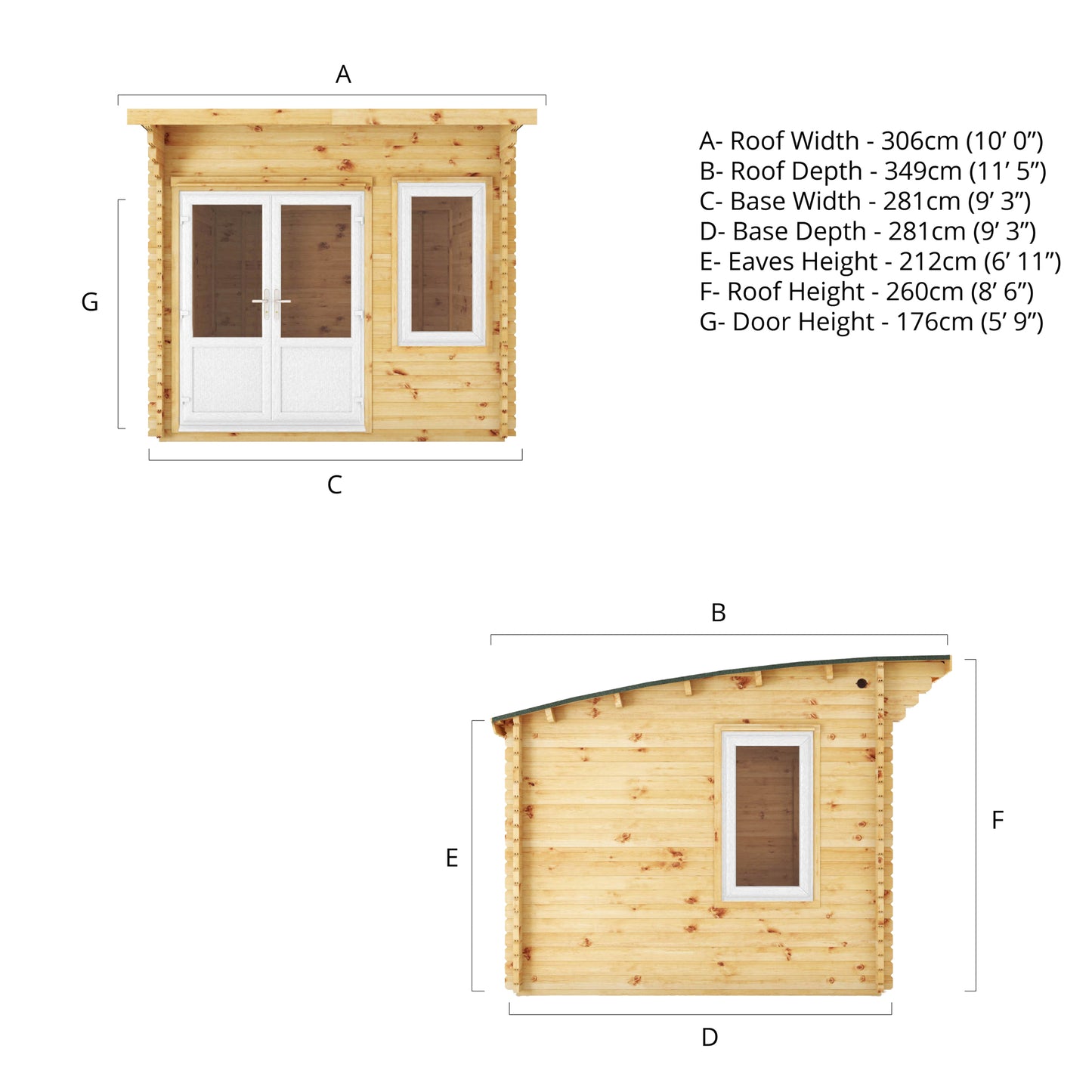The 3m x 3m Tawny Curved Roof Log Cabin with White UPVC