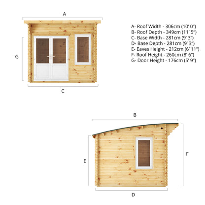The 3m x 3m Tawny Curved Roof Log Cabin with White UPVC