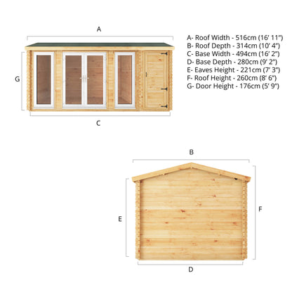 The 5.1m x 3m Dove Log Cabin with Side Shed with White UPVC