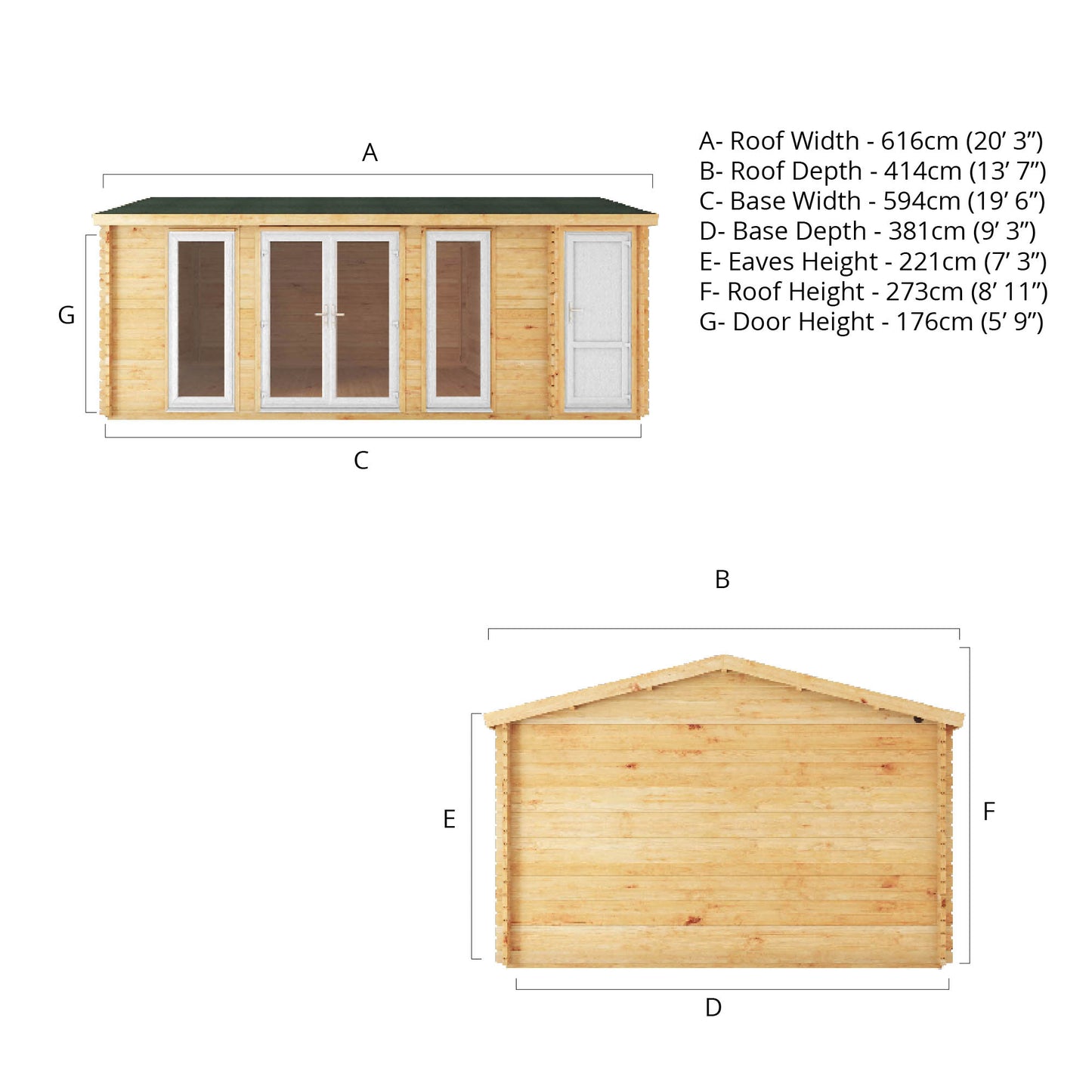 The 6.1m x 4m Dove Log Cabin with Side Shed and White UPVC