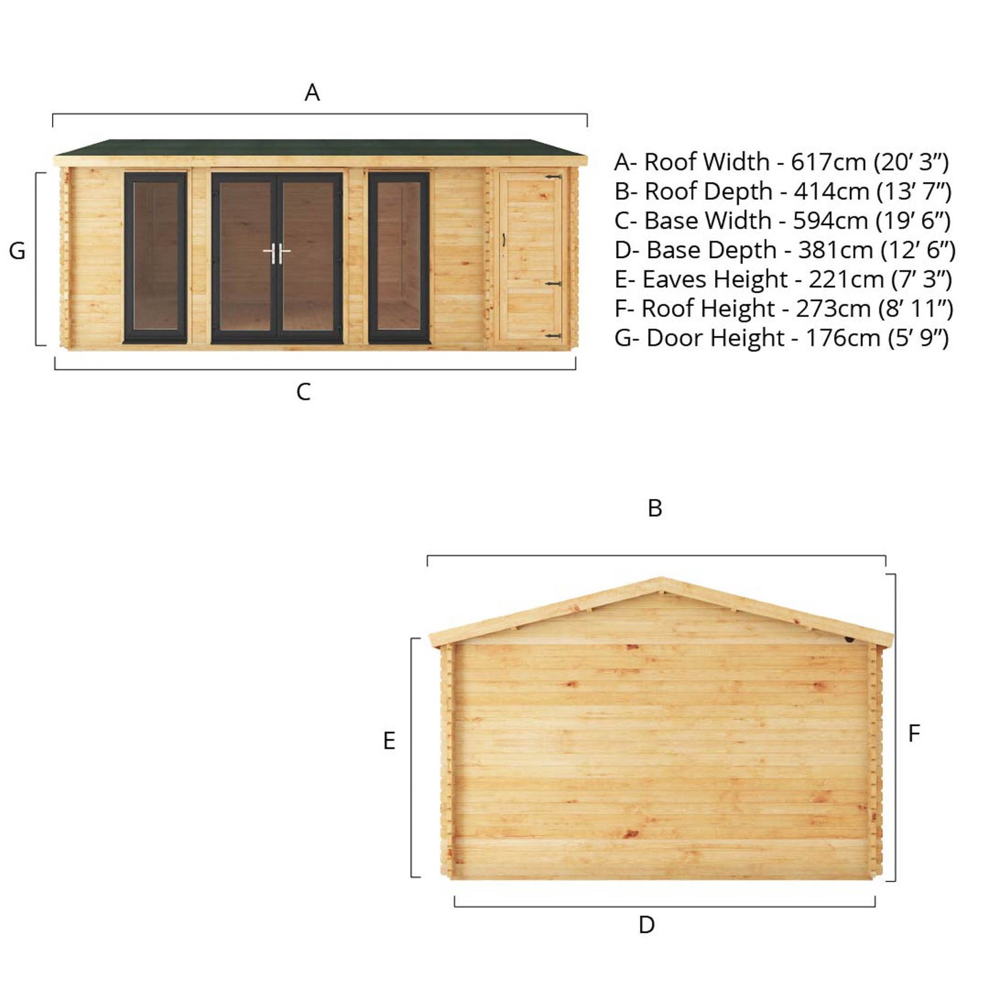The 6.1m x 4m Dove Log Cabin with Side Shed and Anthracite UPVC