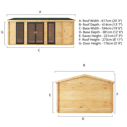 The 6.1m x 4m Dove Log Cabin with Side Shed and Anthracite UPVC