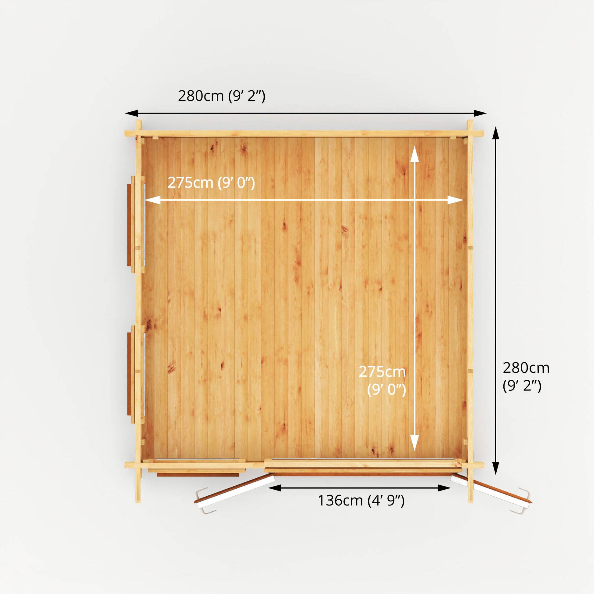 The aerial dimensions of a modern timber log cabin with sloping flat roof, full length windows, double doors with oak UPVC
