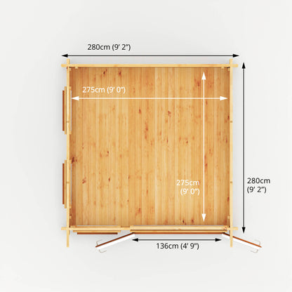 The aerial dimensions of a modern timber log cabin with sloping flat roof, full length windows, double doors with oak UPVC