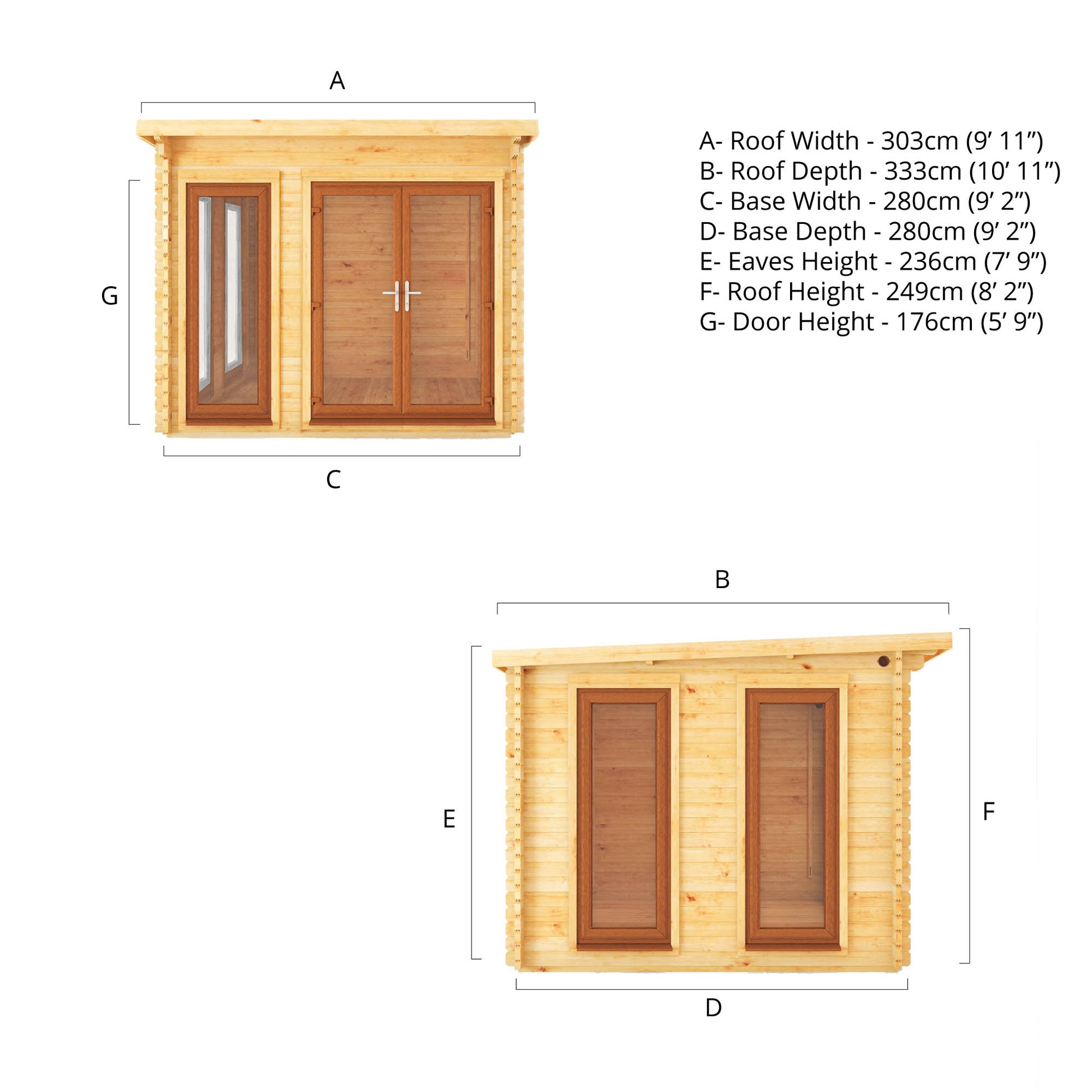 The front and side dimensions of A modern timber log cabin with sloping flat roof, full length windows, double doors with oak UPVC