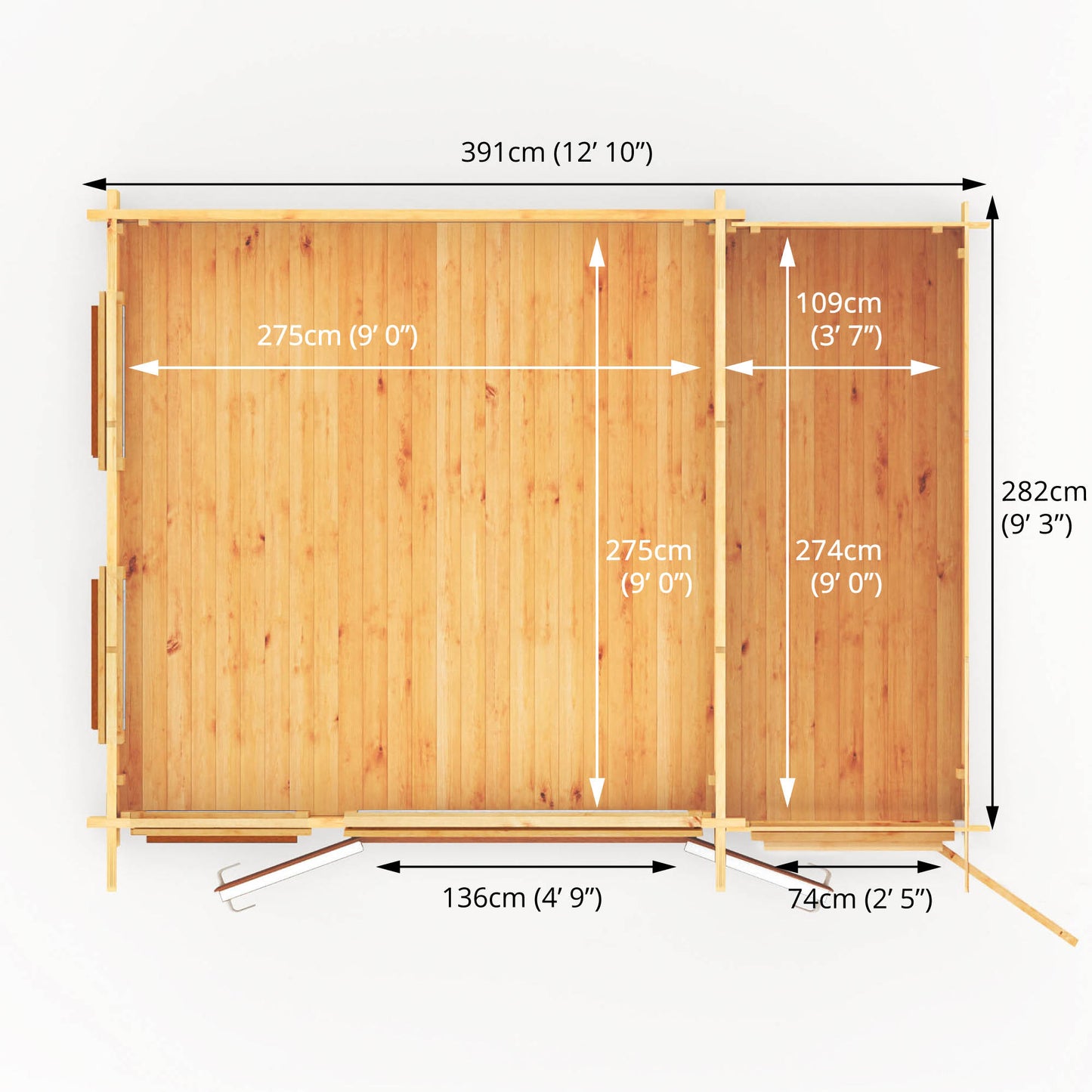 The 4.1m x 3m Wren Pent Log Cabin with Side Shed and Oak UPVC