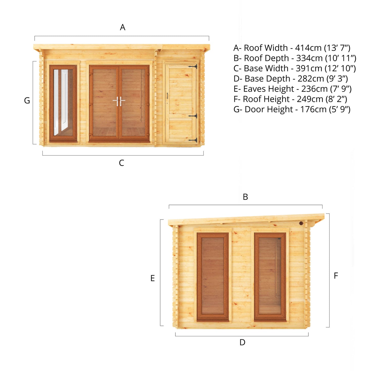 The 4.1m x 3m Wren Pent Log Cabin with Side Shed and Oak UPVC