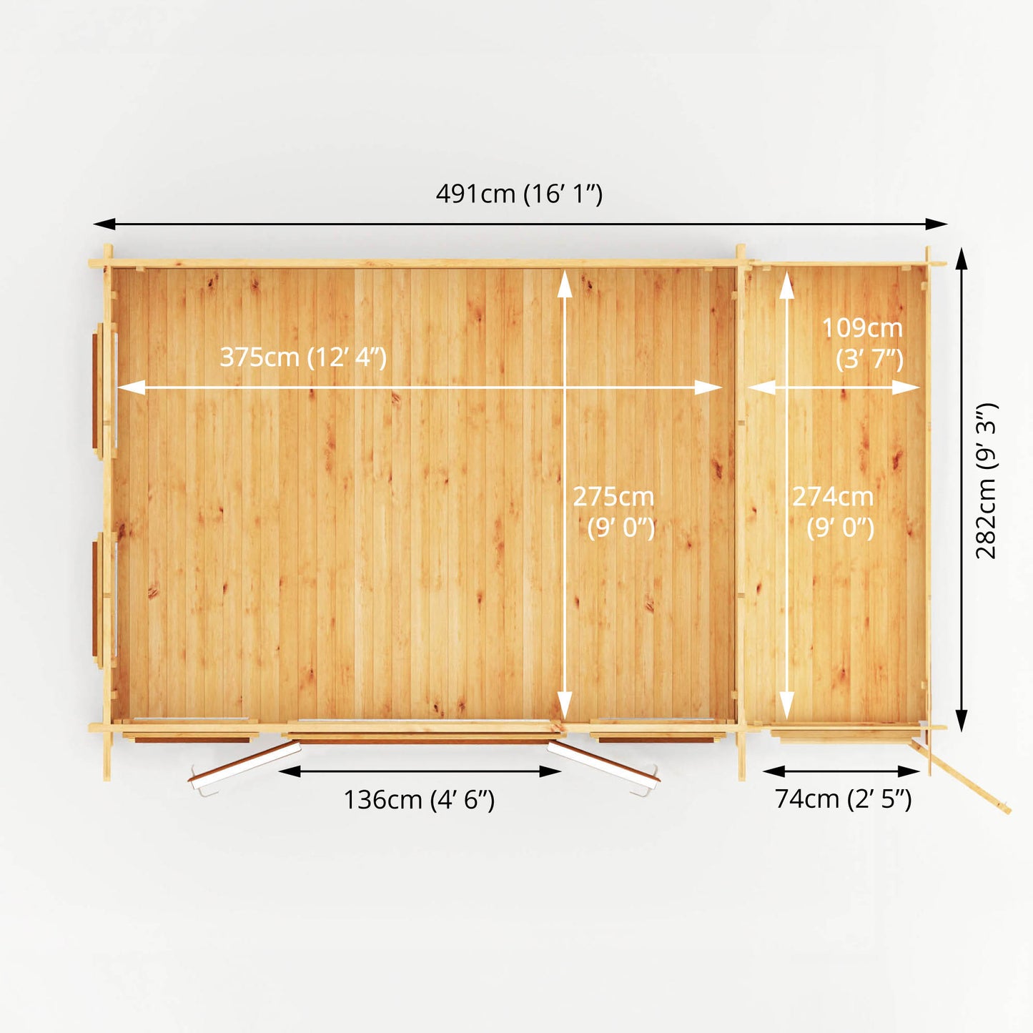 The 5.1m x 3m Wren Log Cabin with Side Shed and Oak UPVC