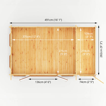 The 5.1m x 3m Wren Log Cabin with Side Shed and Oak UPVC