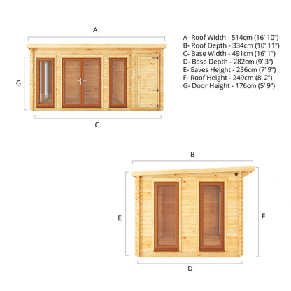 The 5.1m x 3m Wren Log Cabin with Side Shed and Oak UPVC