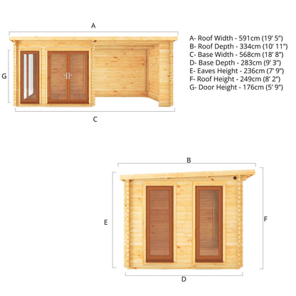 The 6 x 3m Wren Log Cabin with Patio Area and Oak UPVC