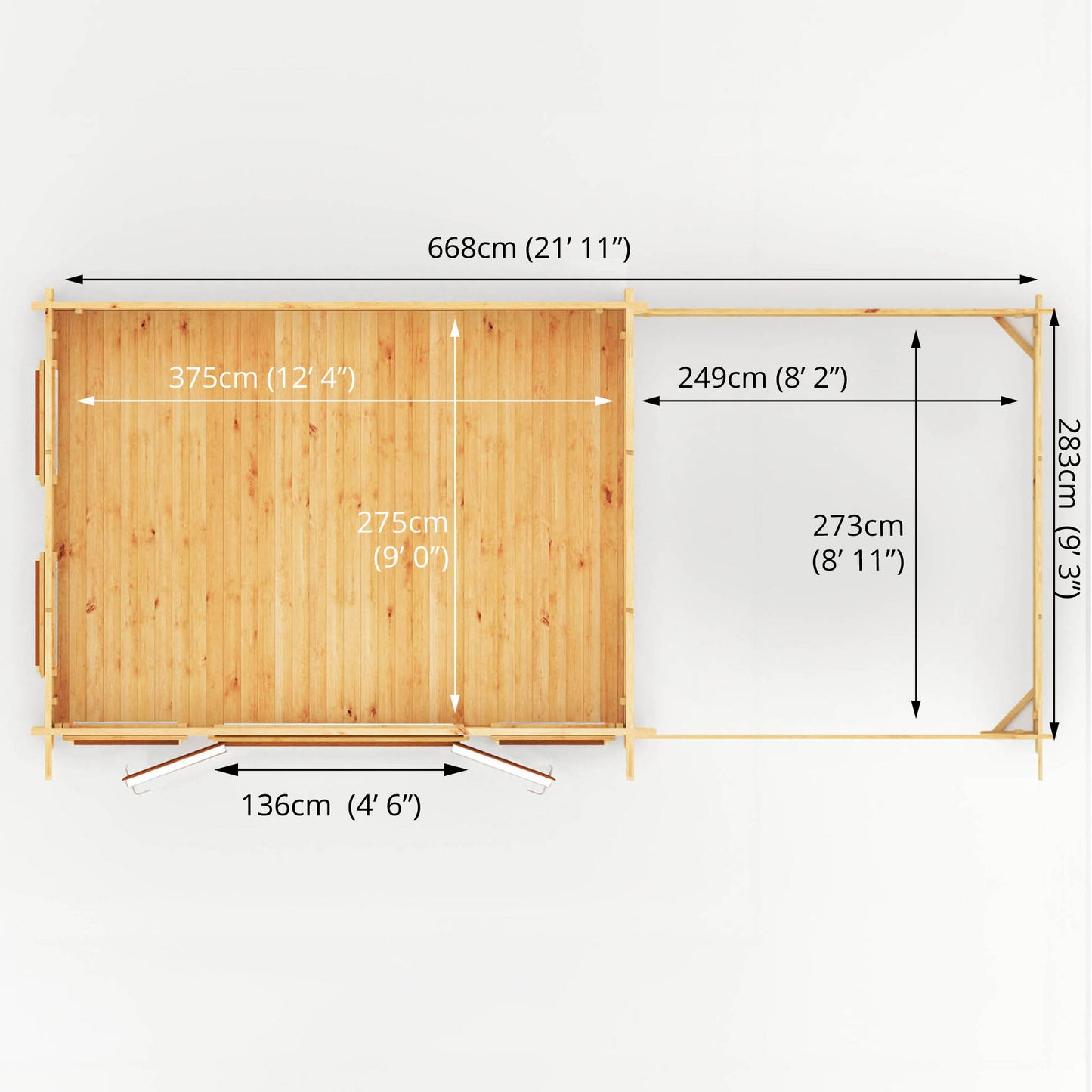 The 7m x 3m Wren Log Cabin with Patio Area and Oak UPVC