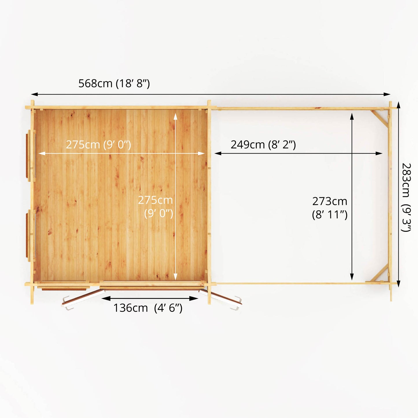 The 6m x 3m Wren Log Cabin with Slatted Area and Oak UPVC