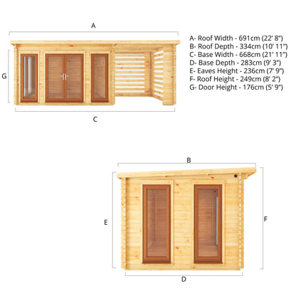 The 7m x 3m Wren Log Cabin with Slatted Area and Oak UPVC