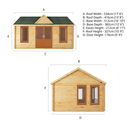 The 5.3m x 4m Grouse Log Cabin with Oak UPVC