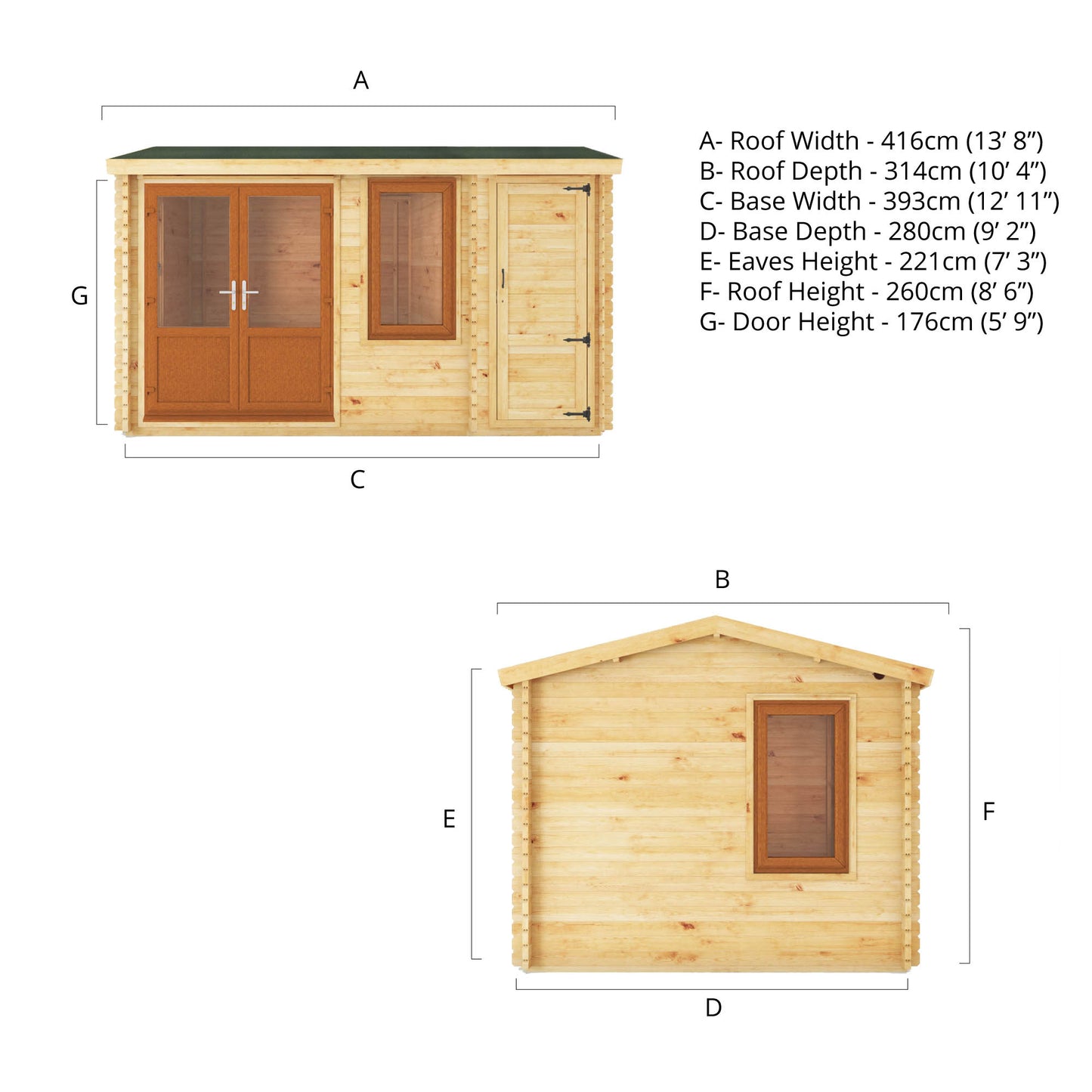 The 4.1m x 3m Robin Log Cabin with Side Shed and Oak UPVC