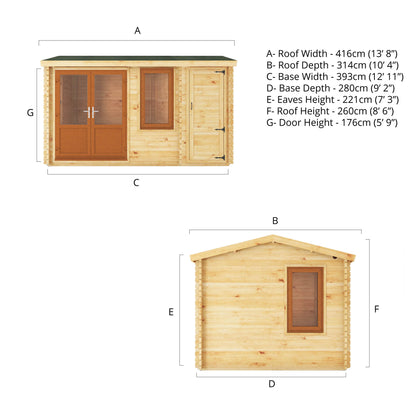The 4.1m x 3m Robin Log Cabin with Side Shed and Oak UPVC