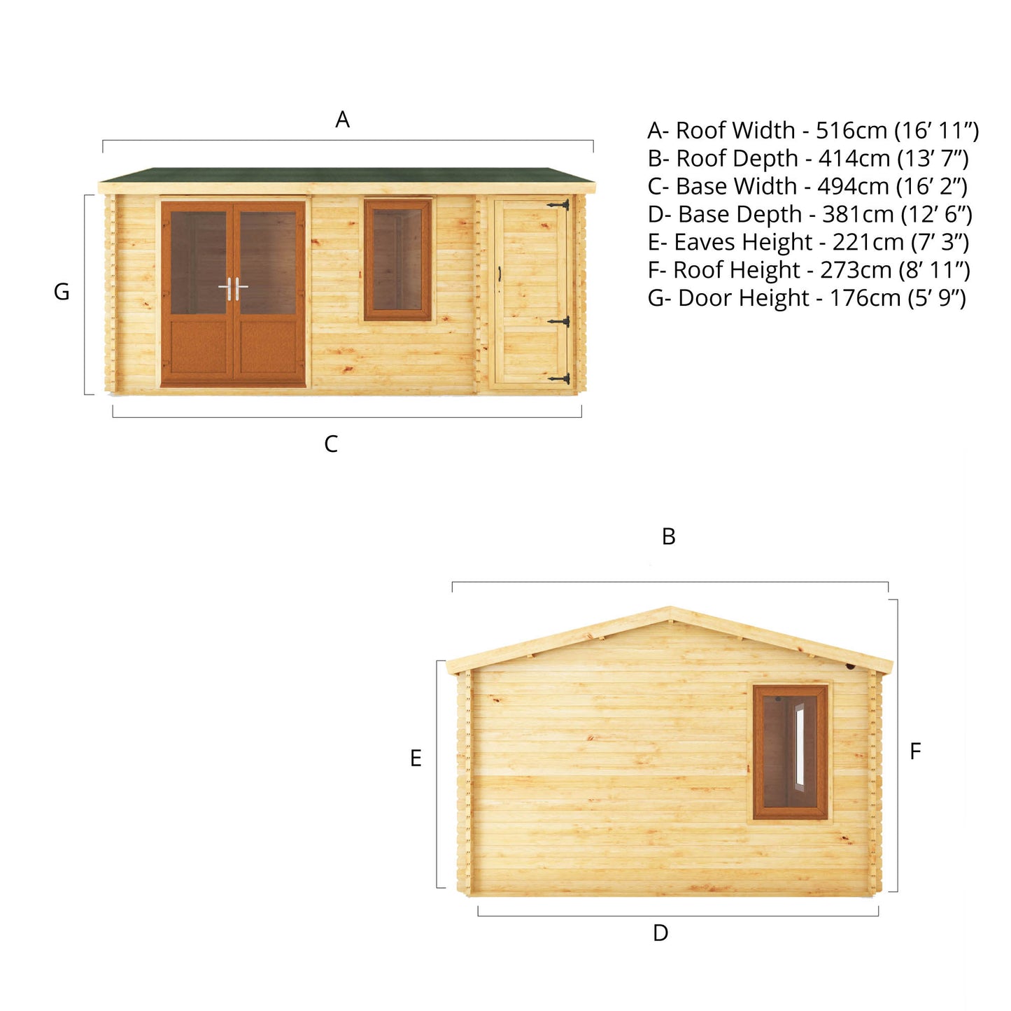 The 5.1m x 4m Robin Log Cabin With Side Shed and Oak UPVC