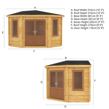 The 3m x 3m Goldcrest Corner Log Cabin with Oak UPVC