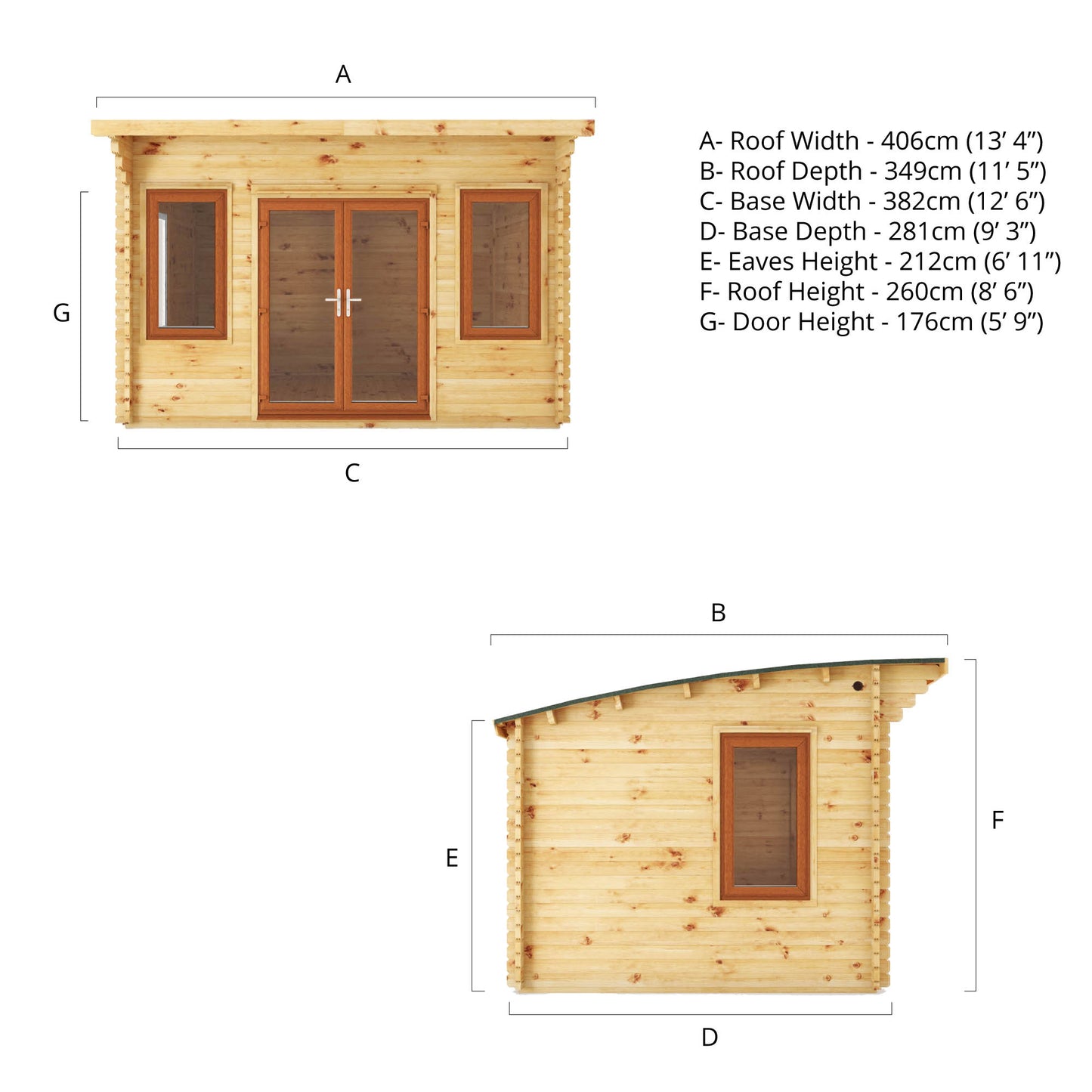 The 4m x 3m Tawny Curved Roof Log Cabin with Oak UPVC