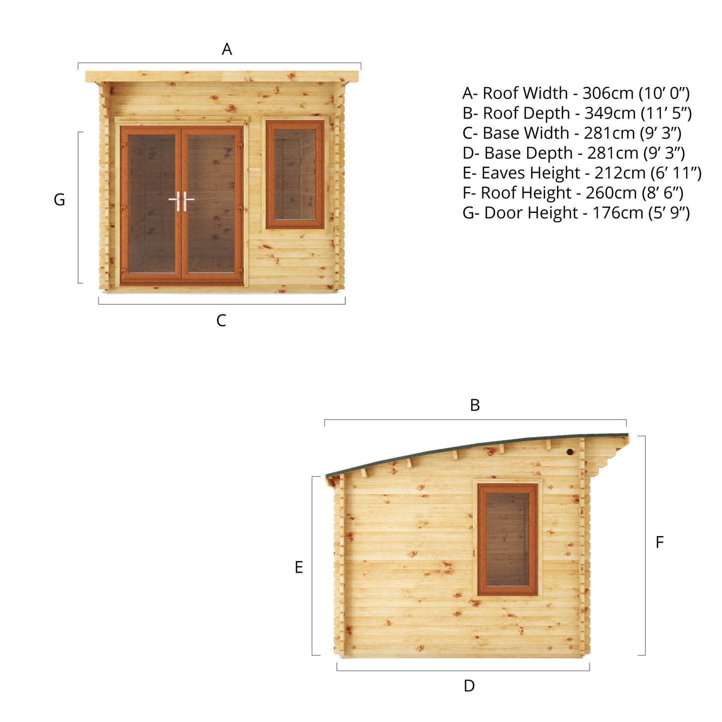 The 3m x 3m Tawny Curved Roof Log Cabin with Oak UPVC