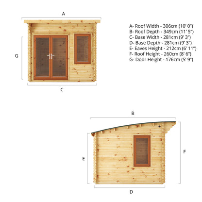 The 3m x 3m Tawny Curved Roof Log Cabin with Oak UPVC