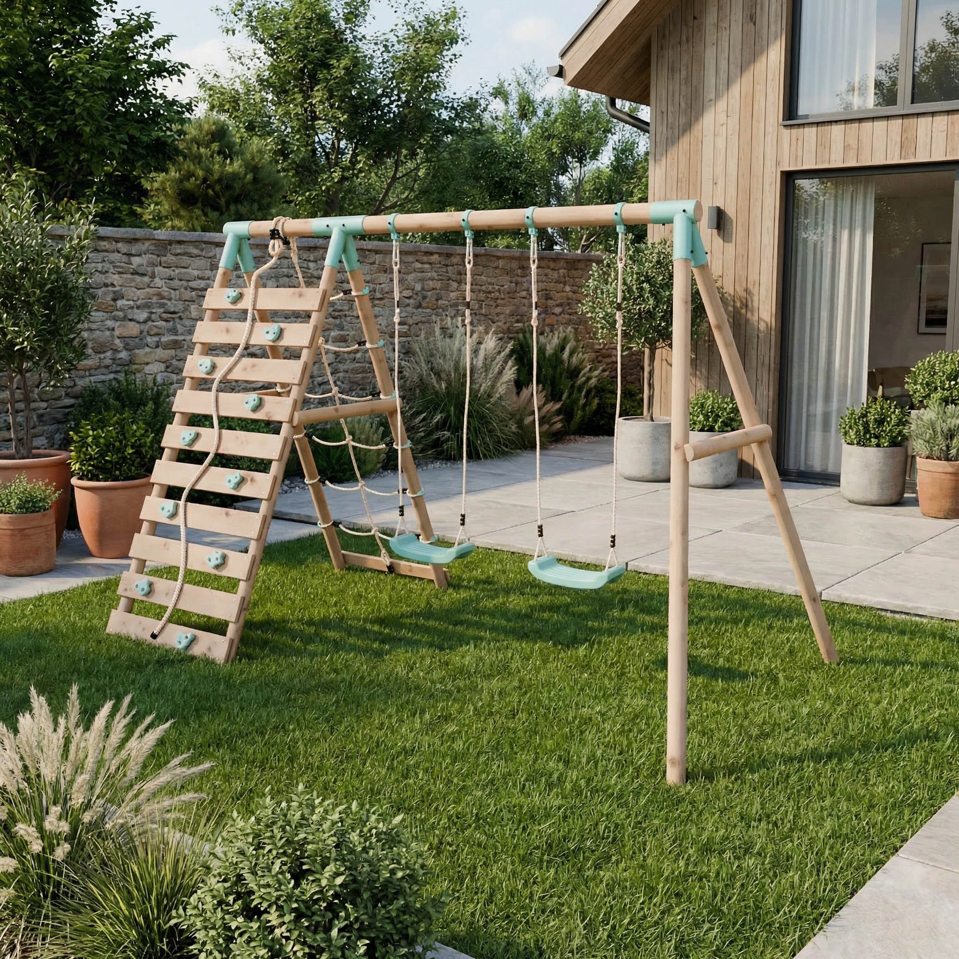Double Wooden Swing Set Climbing Wall Boulder Brook I
