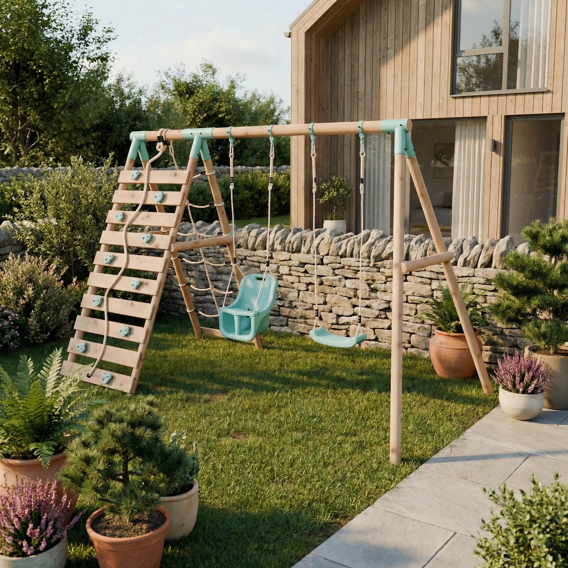 Double Wooden Swing Set Swing Climbing Wall Boulder Brook II