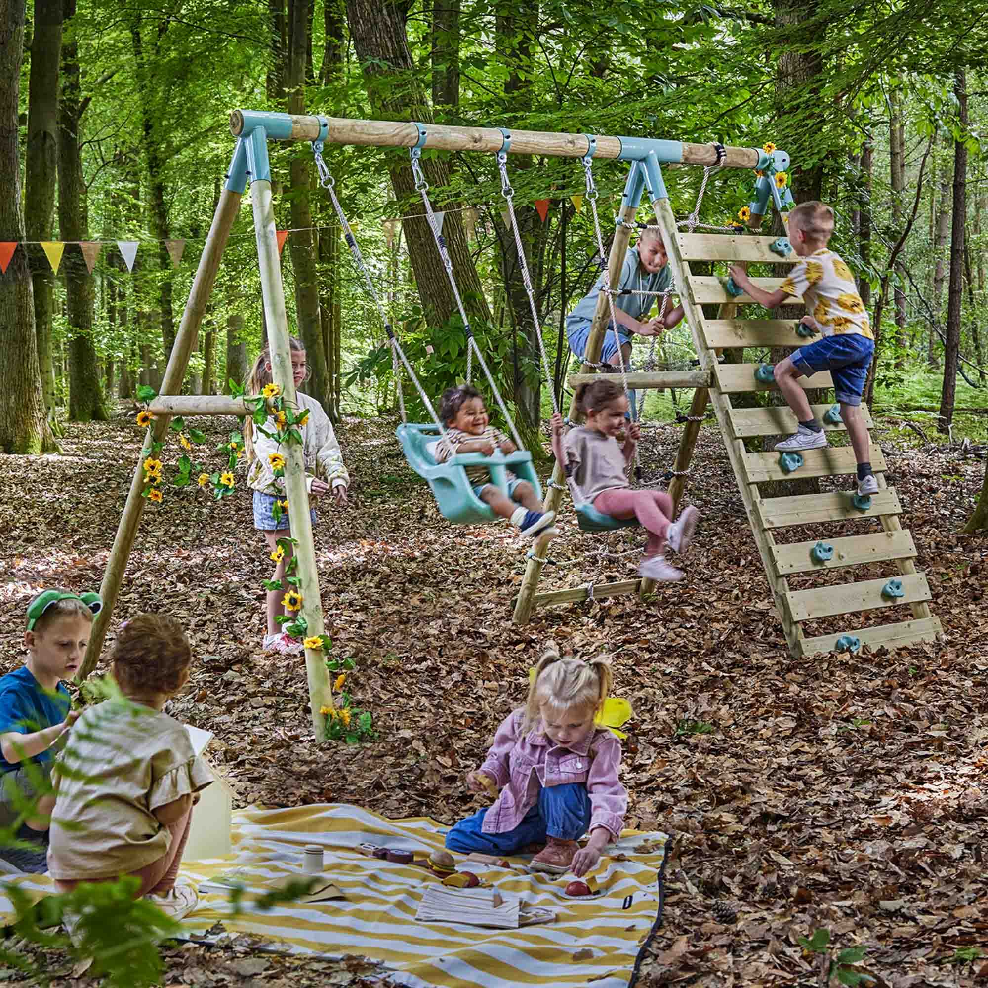 Double Wooden Swing Set With Baby Swing and Climbing Wall - Boulder Brook II