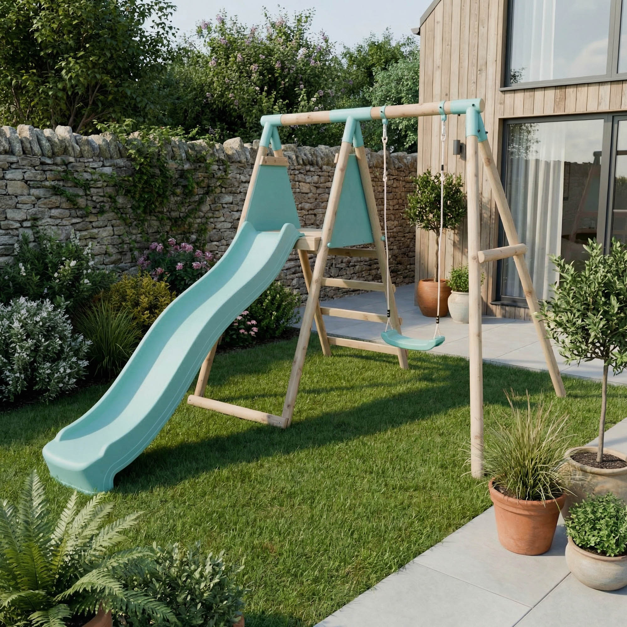 Single Wooden Swing Set With Slide - Springwood I